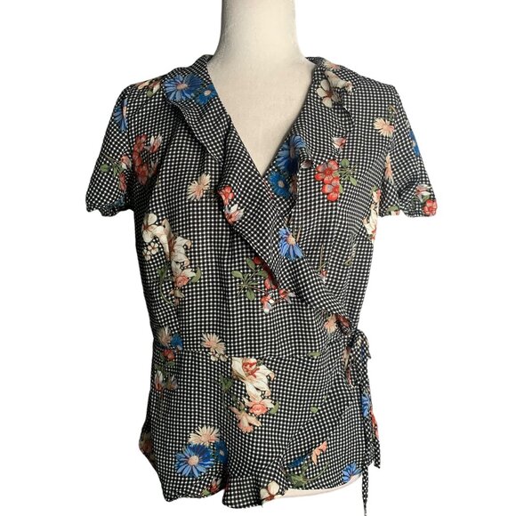 Maurices Black Checkered Wrap Top Medium Floral Ruffle Peplum Puff Sleeve - Picture 1 of 6